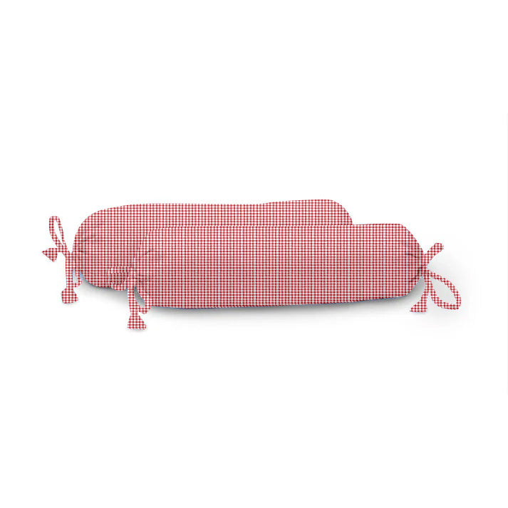 Red and white checkered cylindrical pillow on a white background