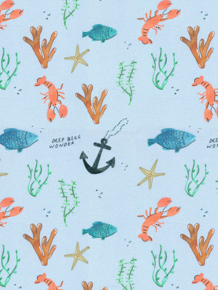 Seamless pattern with sea creatures like fish, starfish, and coral on a light blue background.