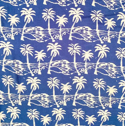 Pattern of white palm trees and mountains on a blue background