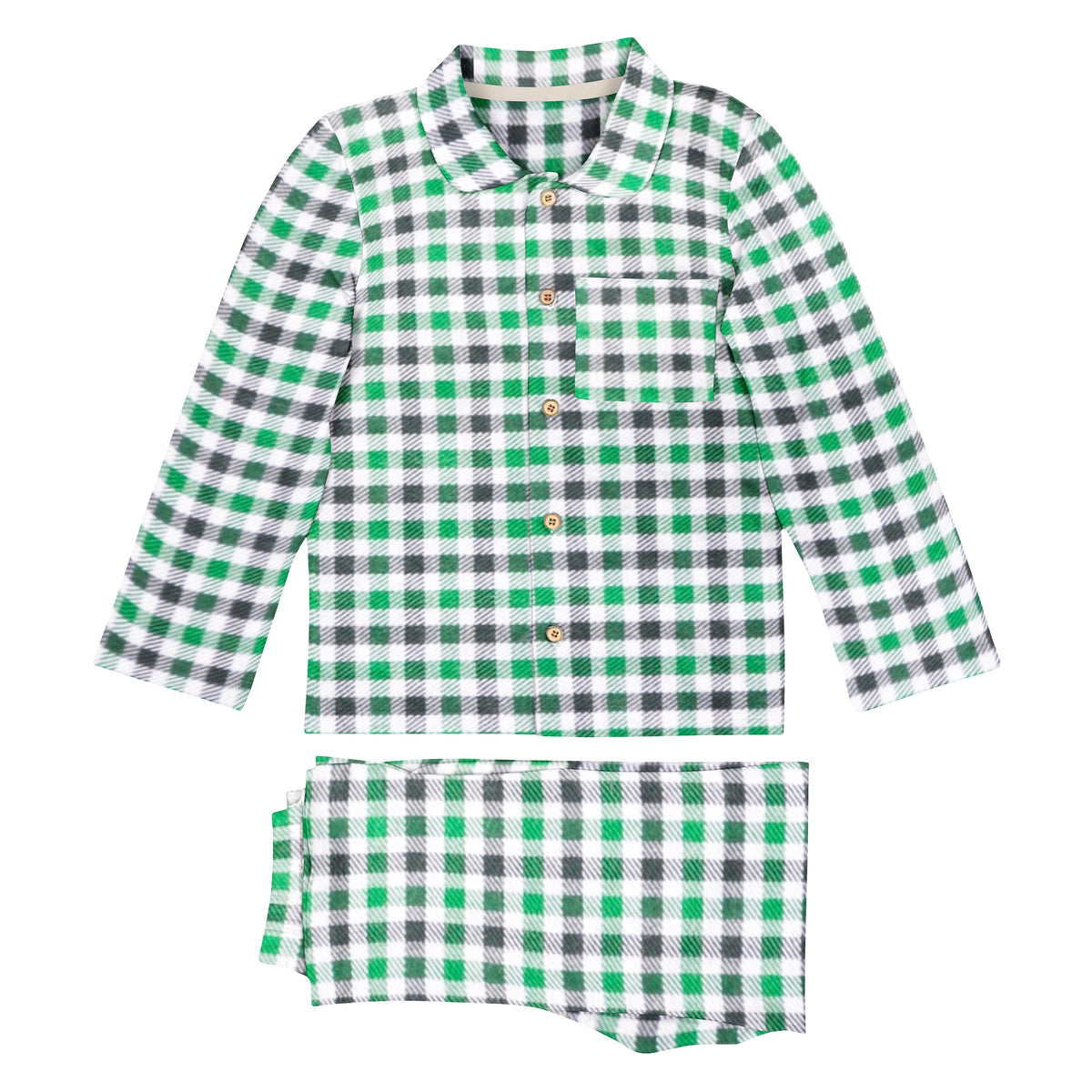 A green and black checkered pajama set with a collared top and matching pajamas, both made of organic cotton.