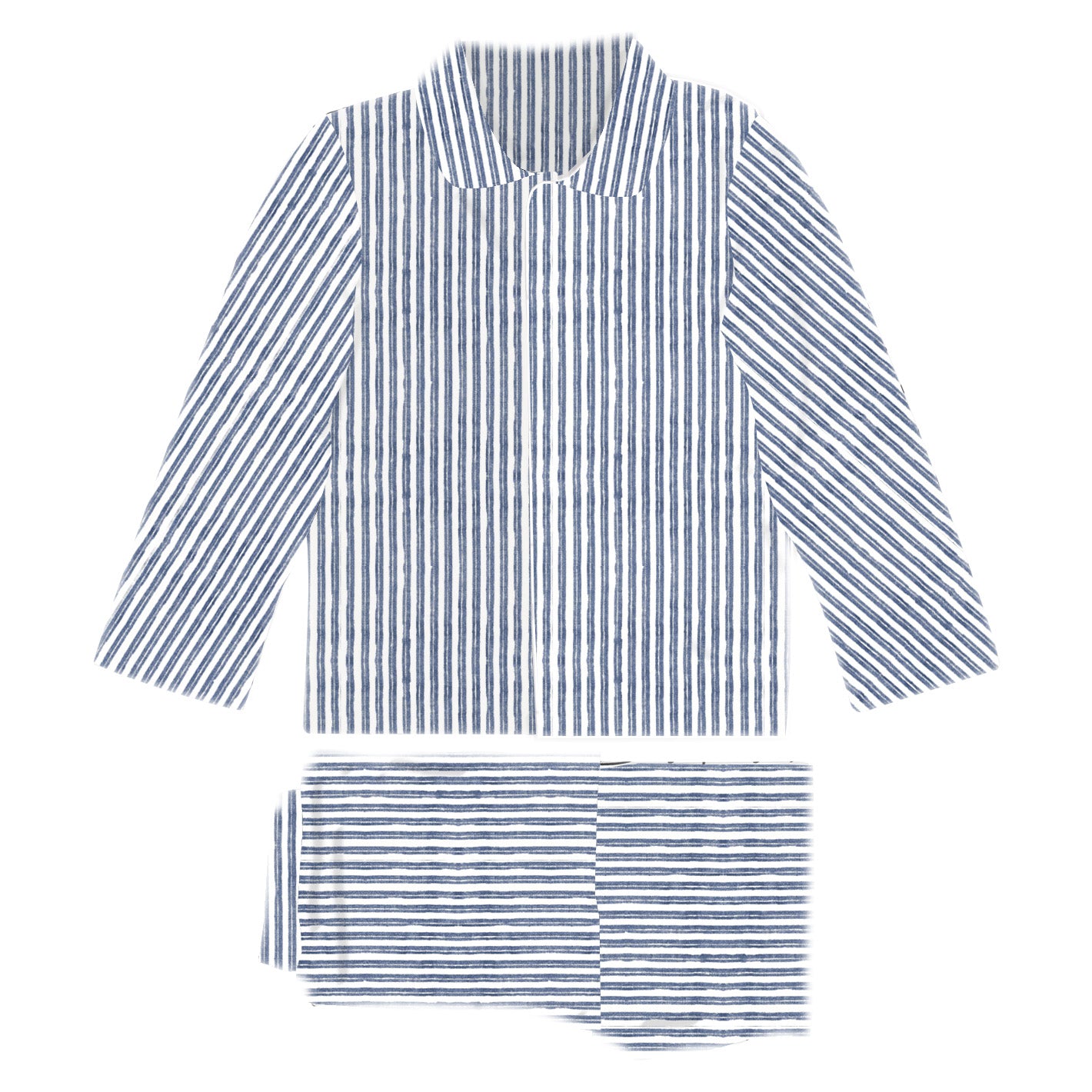 Blue and white striped shirt and pants set on a white background