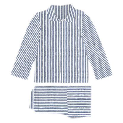 Blue and white striped shirt and pants set on a white background