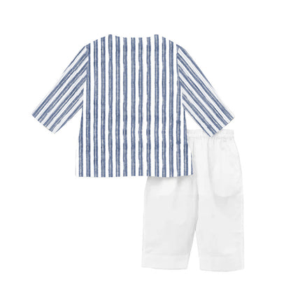 Blue and white striped shirt with white pants on a white background