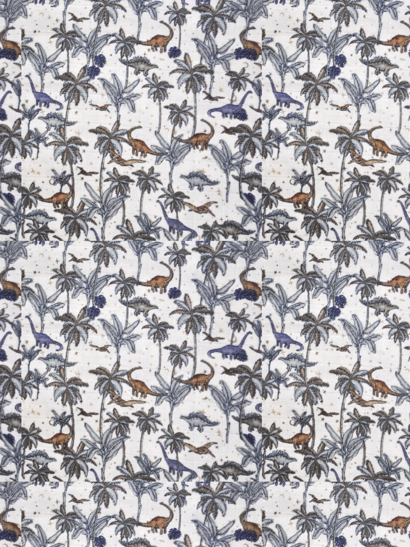 Pattern of dinosaurs and palm trees on a light background