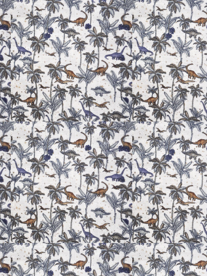 Pattern of dinosaurs and palm trees on a light background