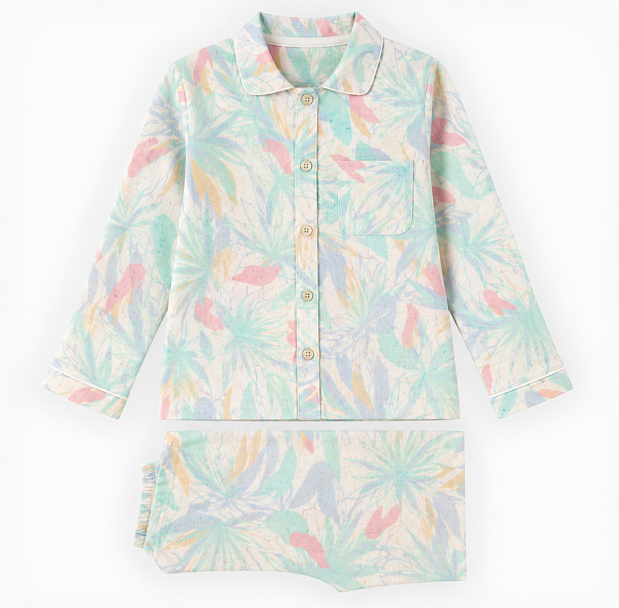 A two-piece children's pajama set featuring a long-sleeve button-front top and matching shorts, both decorated with a tropical palm leaf pattern in pastel mint green, light blue, pink, and yellow on a cream background.