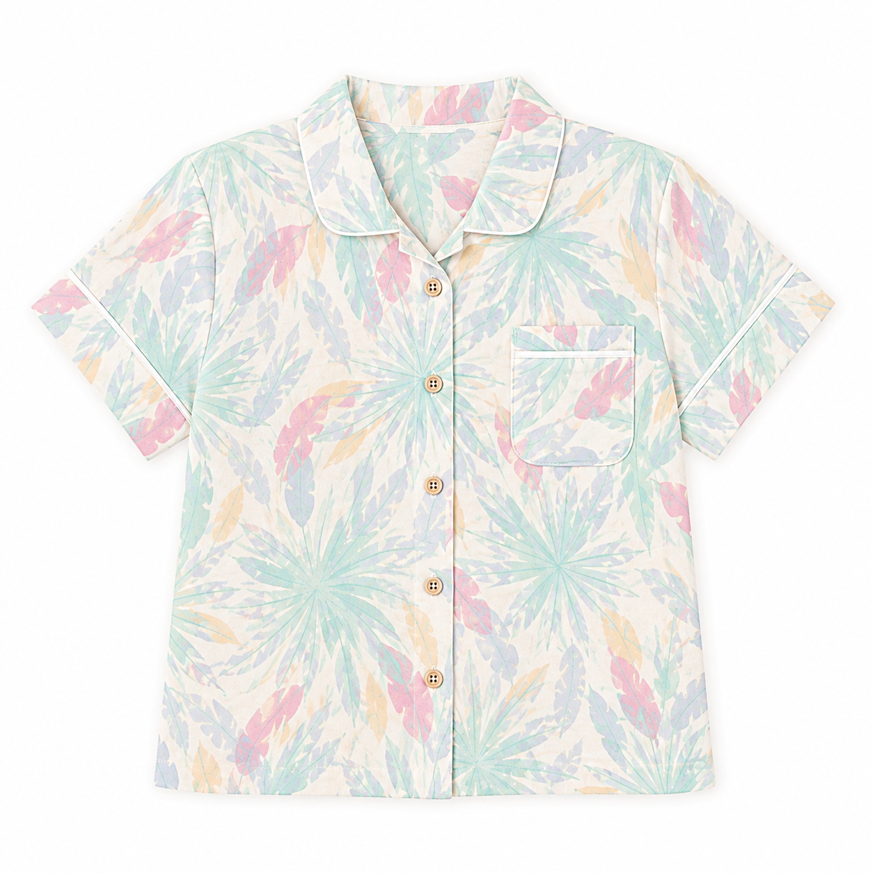 A short-sleeve button-up shirt with a pastel tropical palm leaf pattern in mint green, pink, and peach on a cream background, featuring a collar and a chest pocket.