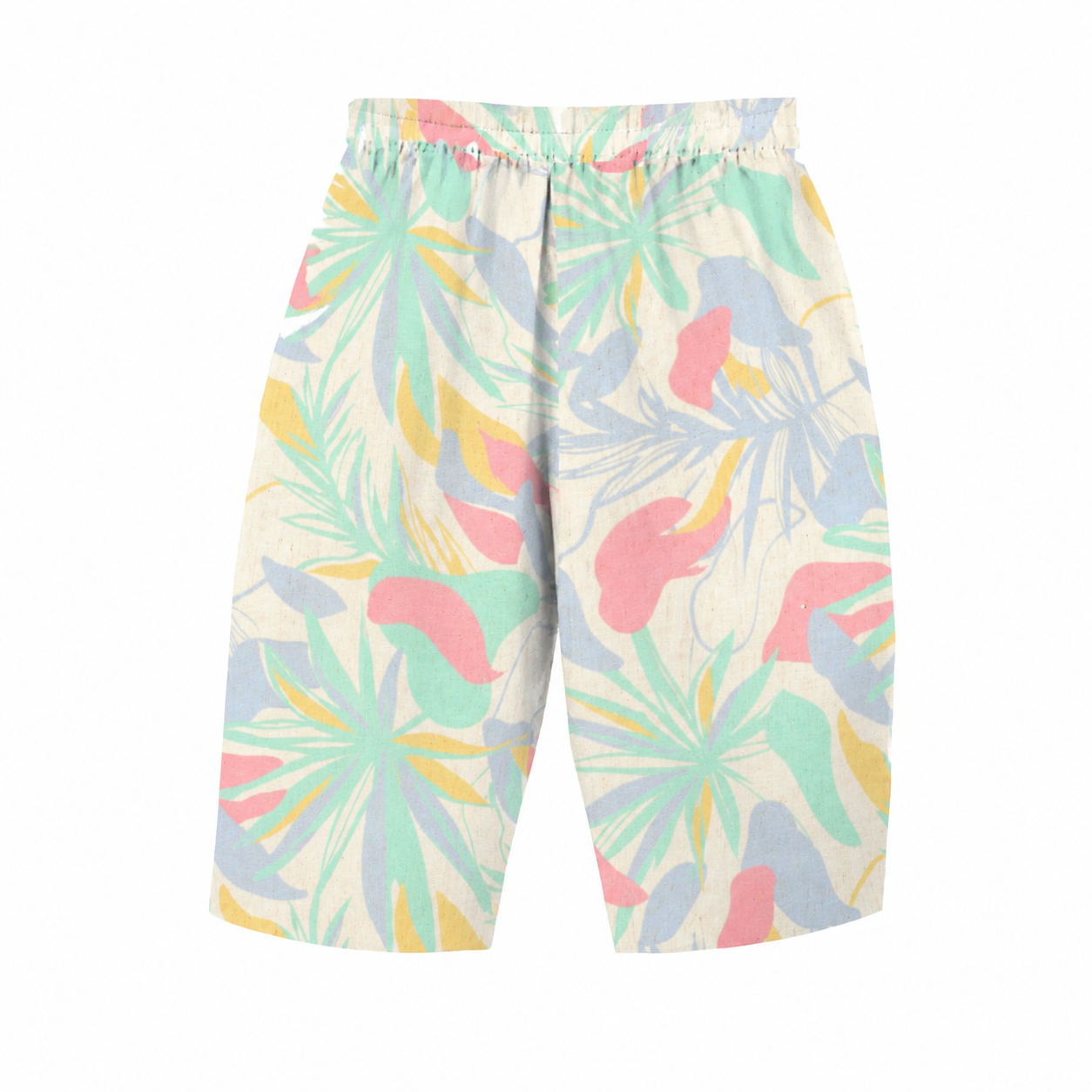 A pair of casual shorts with an elastic waistband, featuring a colorful tropical palm leaf pattern in pastel shades of mint green, pink, yellow, and light blue on a cream background.