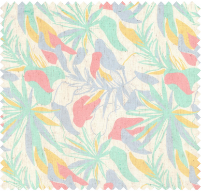 A square fabric or paper swatch with a tropical palm leaf pattern in pastel mint green, light blue, coral pink, and soft yellow on a warm off-white background.