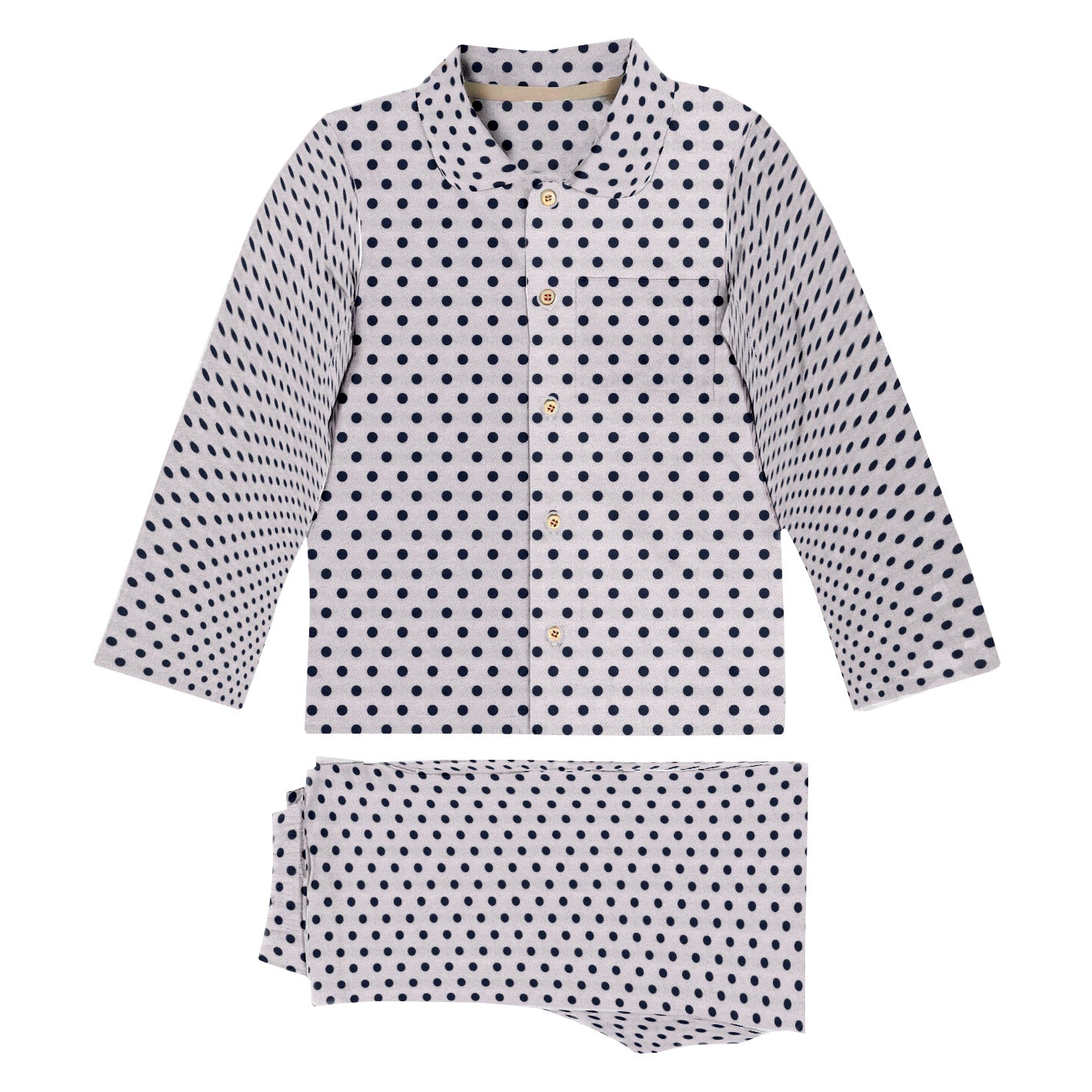 Polka dot shirt and shorts set on a white background
