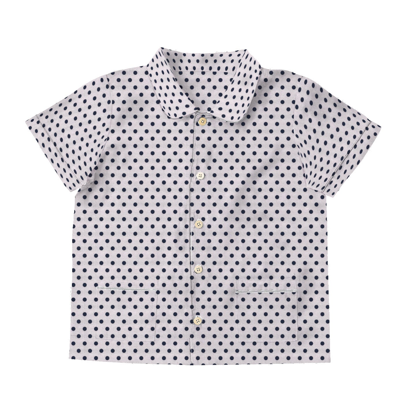 Short-sleeve shirt with black polka dot pattern on a white background
