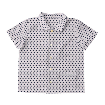 Short-sleeve shirt with black polka dot pattern on a white background