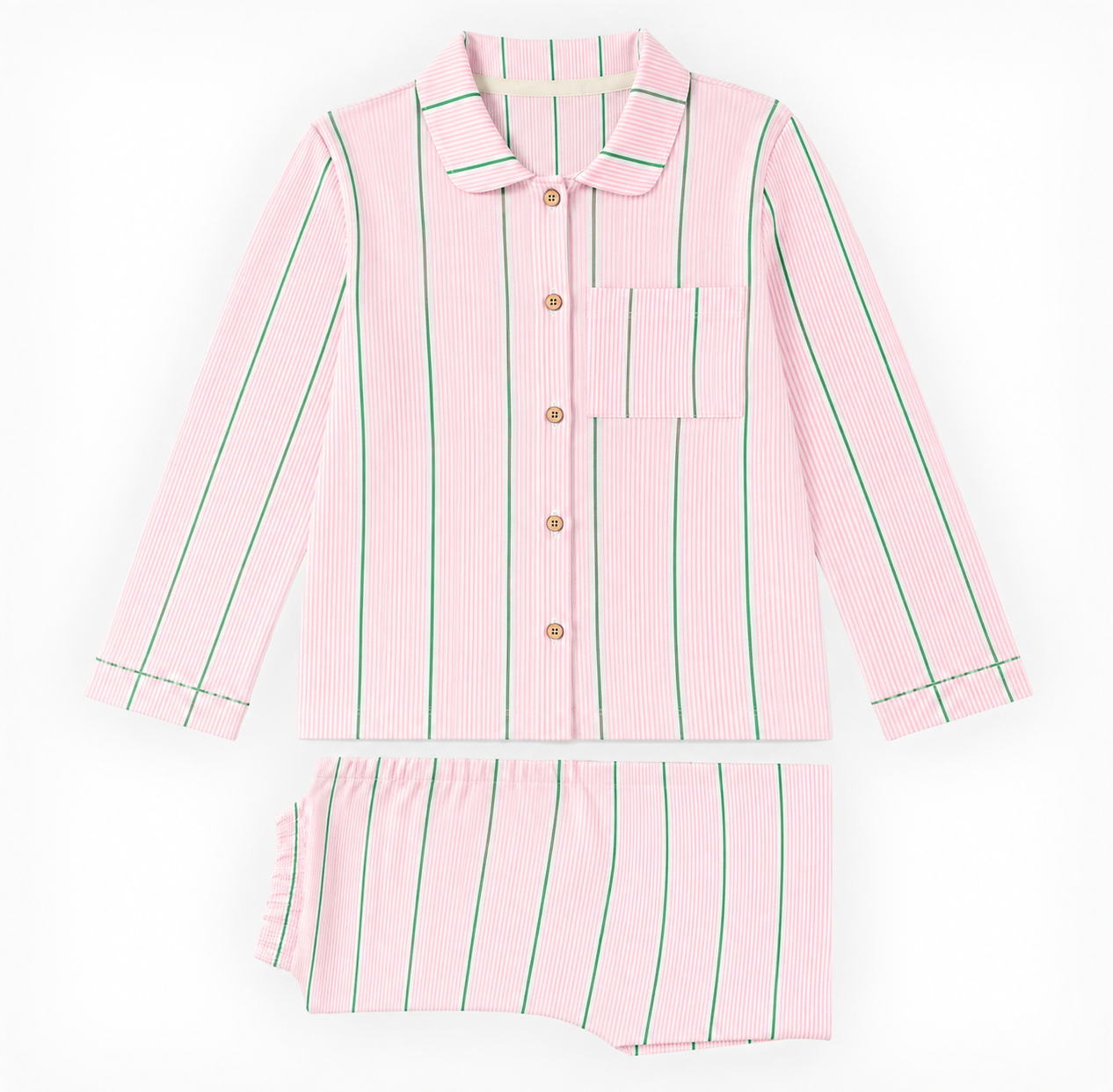 A two-piece girls' pajama set consisting of a long-sleeve button-front top and matching shorts, both in light pink with thin vertical green stripes, laid flat on a white background.