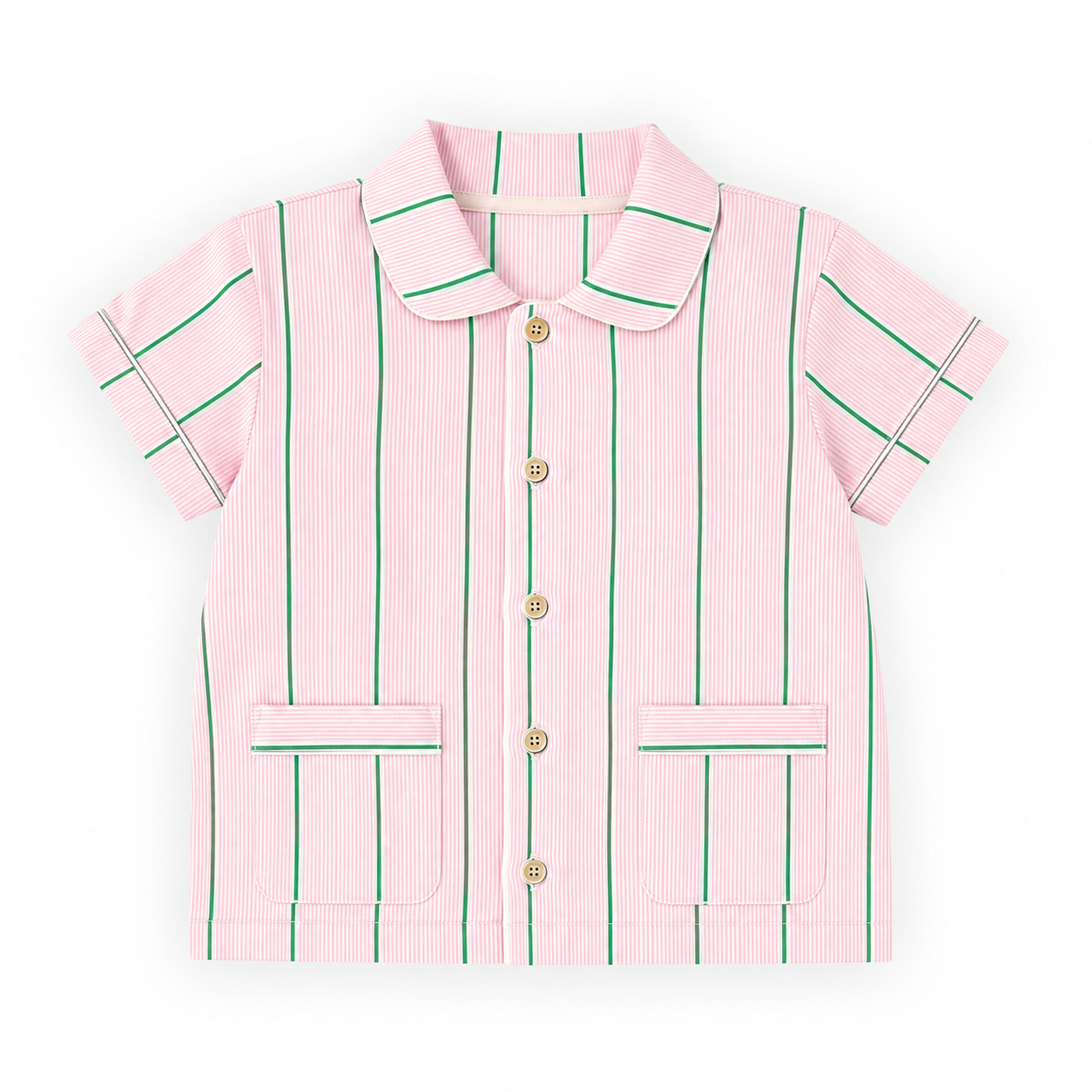 A short-sleeve button-front shirt with a Peter Pan collar, featuring vertical pink and green stripes, decorative green piping, and gold buttons, shown flat on a white background.