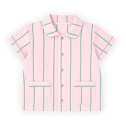 A short-sleeve button-front shirt with a Peter Pan collar, featuring vertical pink and green stripes, decorative green piping, and gold buttons, shown flat on a white background.