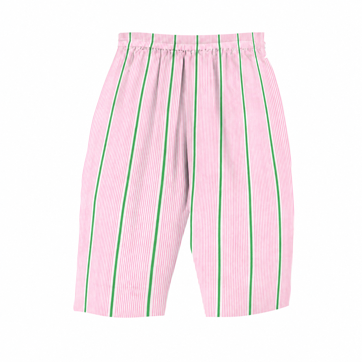 Pink and white vertically striped shorts with thin green stripes, featuring an elastic waistband, shown against a plain white background.