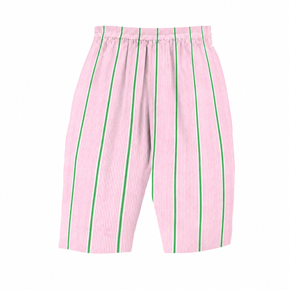 Pink and white vertically striped shorts with thin green stripes, featuring an elastic waistband, shown against a plain white background.