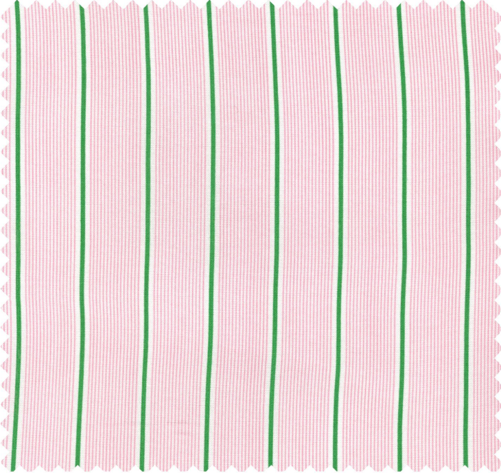 A square fabric swatch with a pink and white striped pattern and vertical green stripes, finished with a scalloped edge.