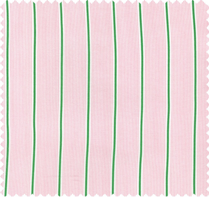 A square fabric swatch with a pink and white striped pattern and vertical green stripes, finished with a scalloped edge.