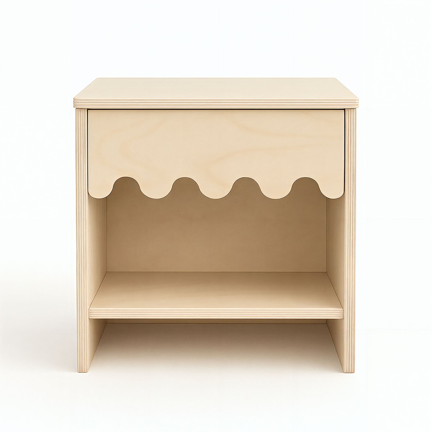 Beige children's nightstand with wavy design on a white background