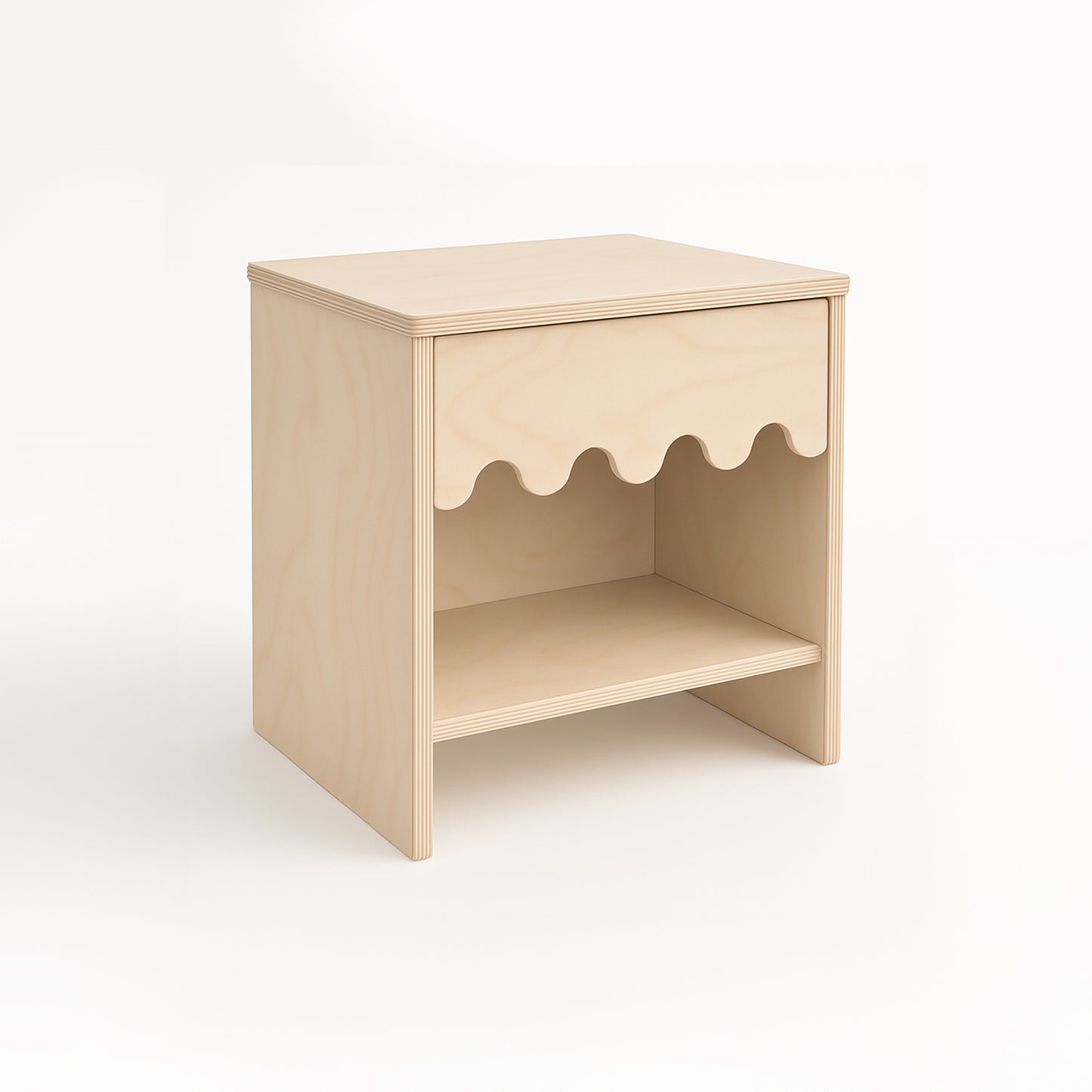 Wooden children's table with wavy edge design on a white background