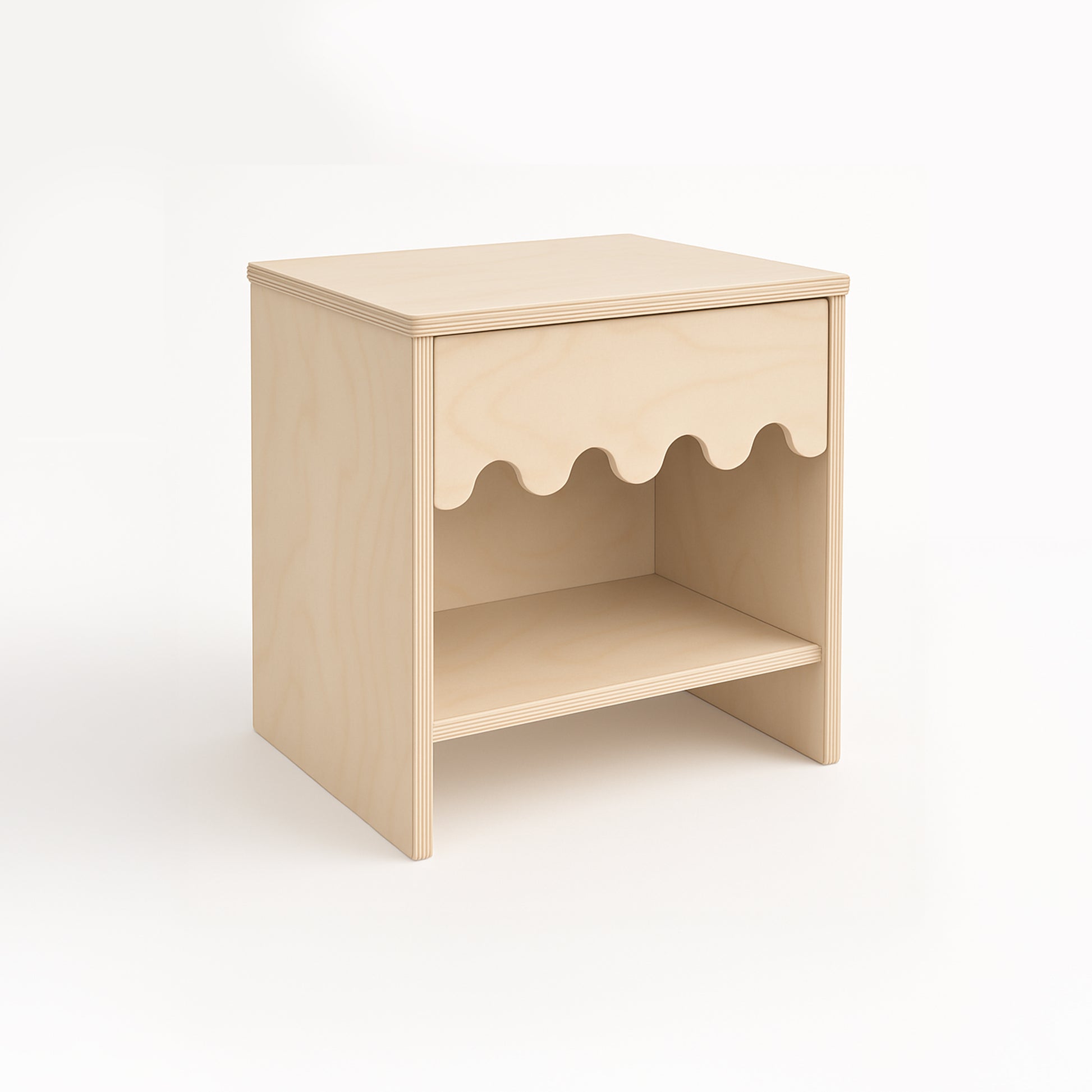 Wooden children's table with wavy edge design on a white background
