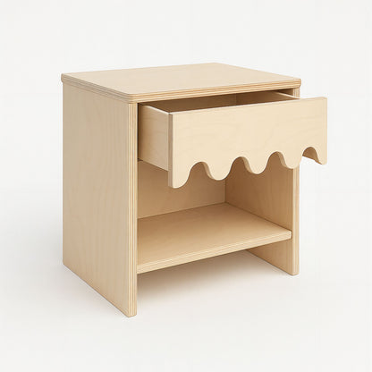 Wooden children's side table with a scalloped drawer on a white background