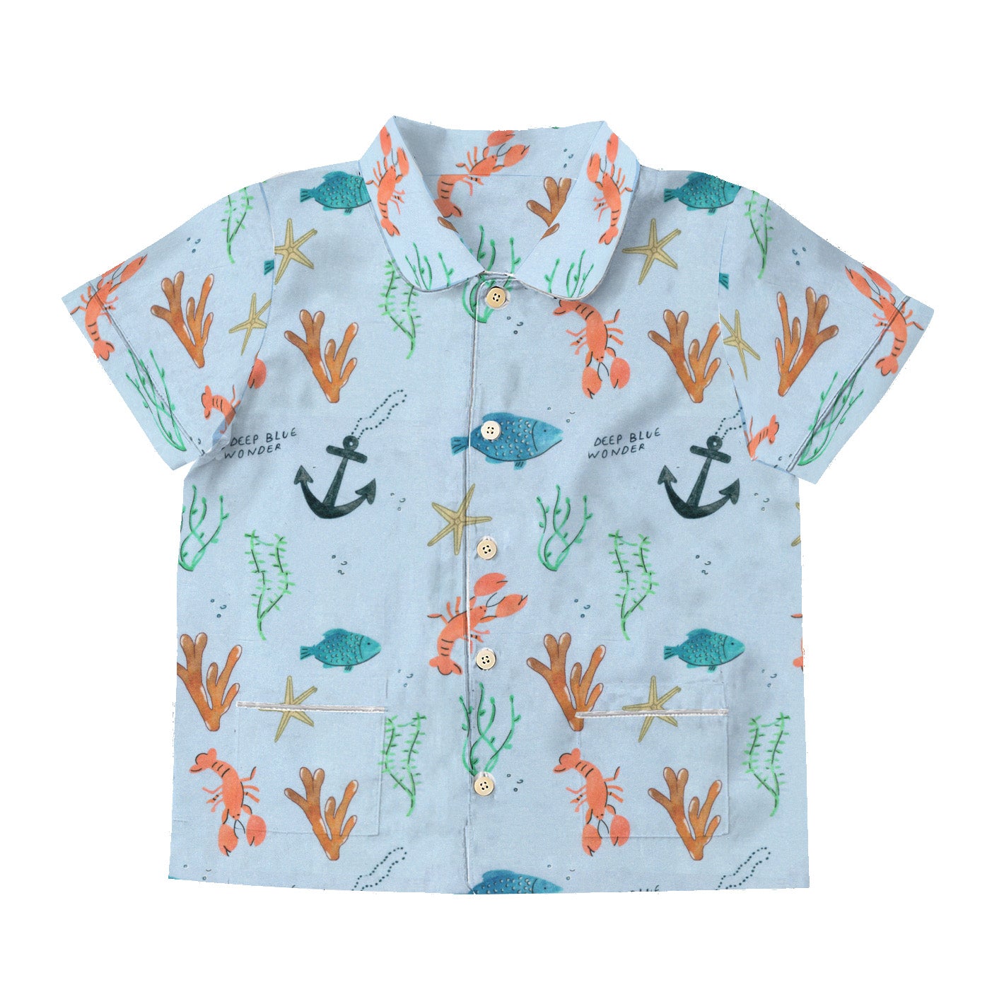 Children's shirt with sea-themed pattern on a white background