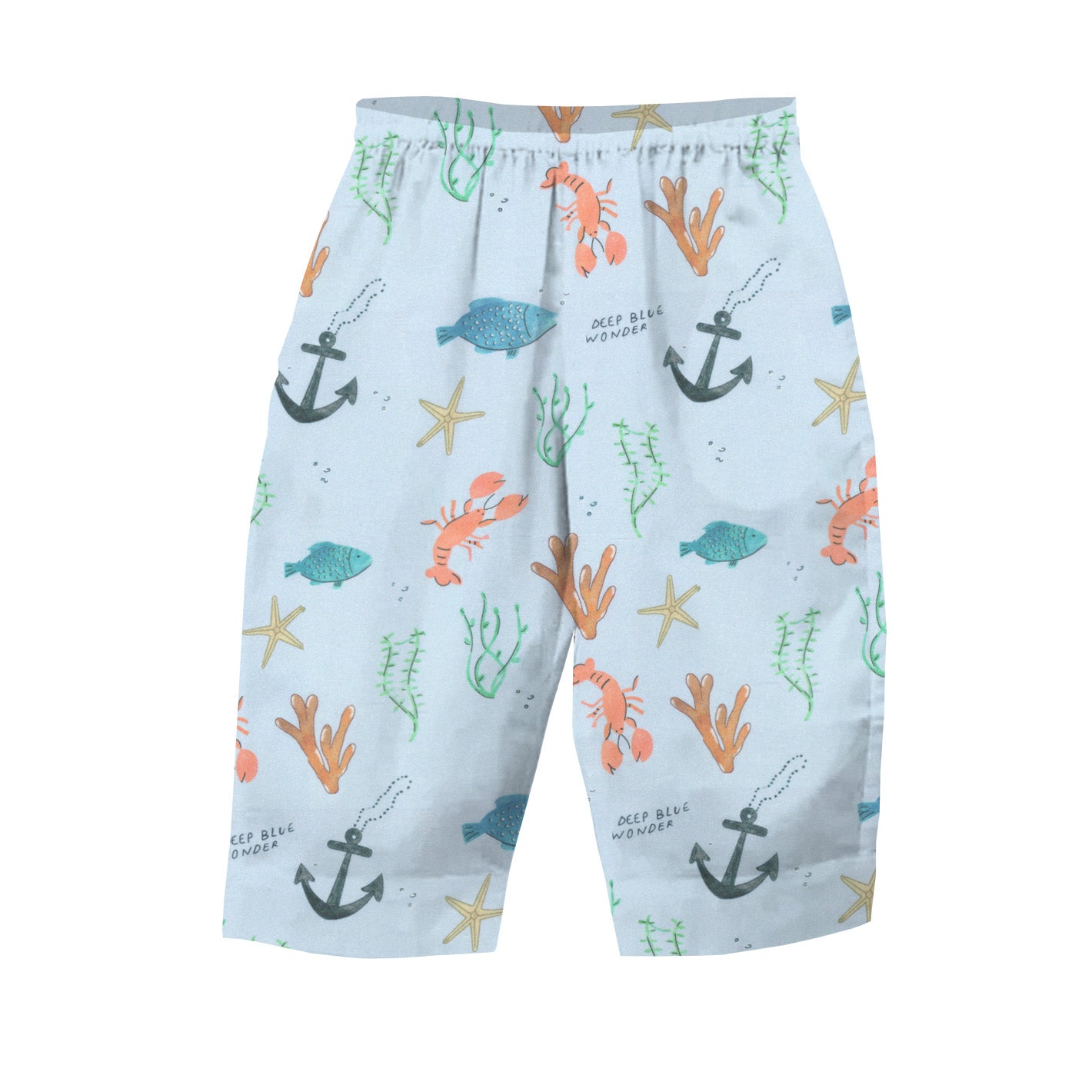 Children's shorts with nautical pattern on a light blue background