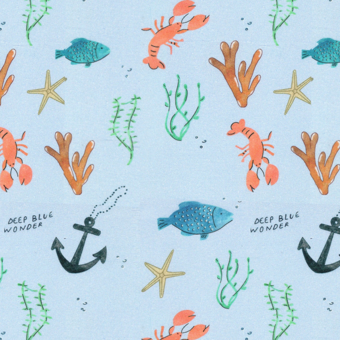 Underwater-themed pattern with lobsters, fish, and corals on a light blue background.