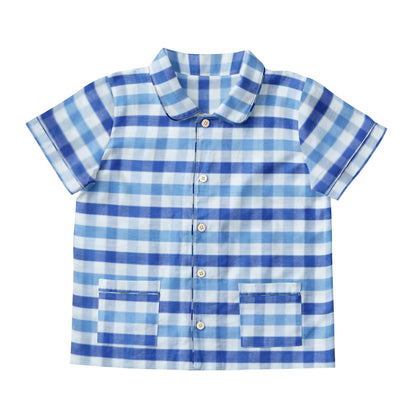 'Shaded Blue Checks' Organic Collared Pajama Set 2