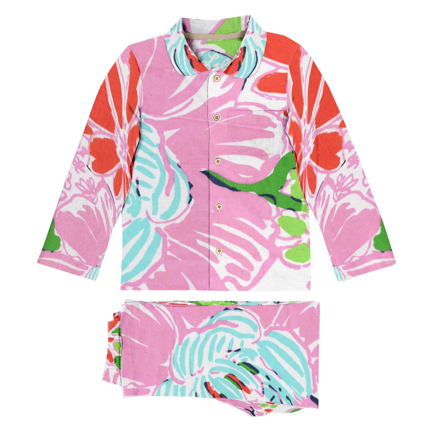 Colorful tropical print shirt and shorts set on a white background