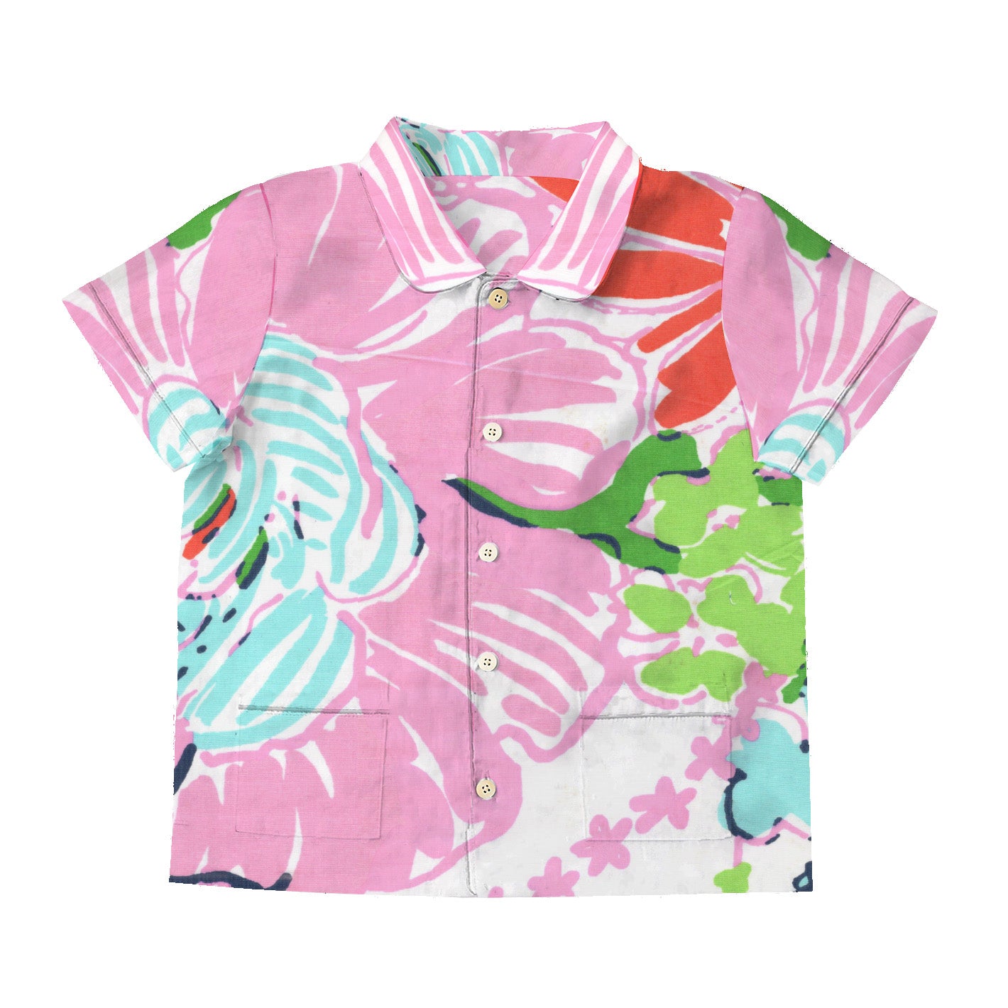 Colorful tropical shirt with pink background on a white background