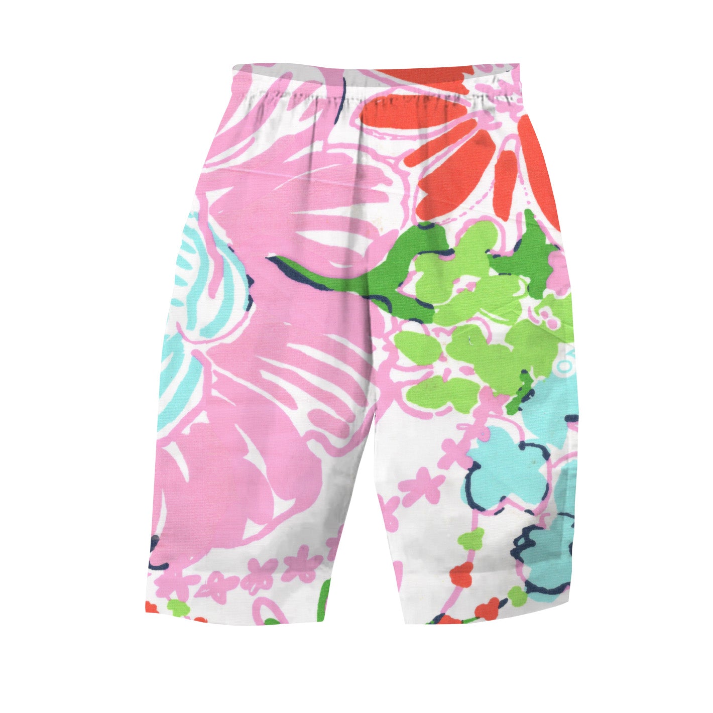 Colorful floral-patterned shorts on a white background