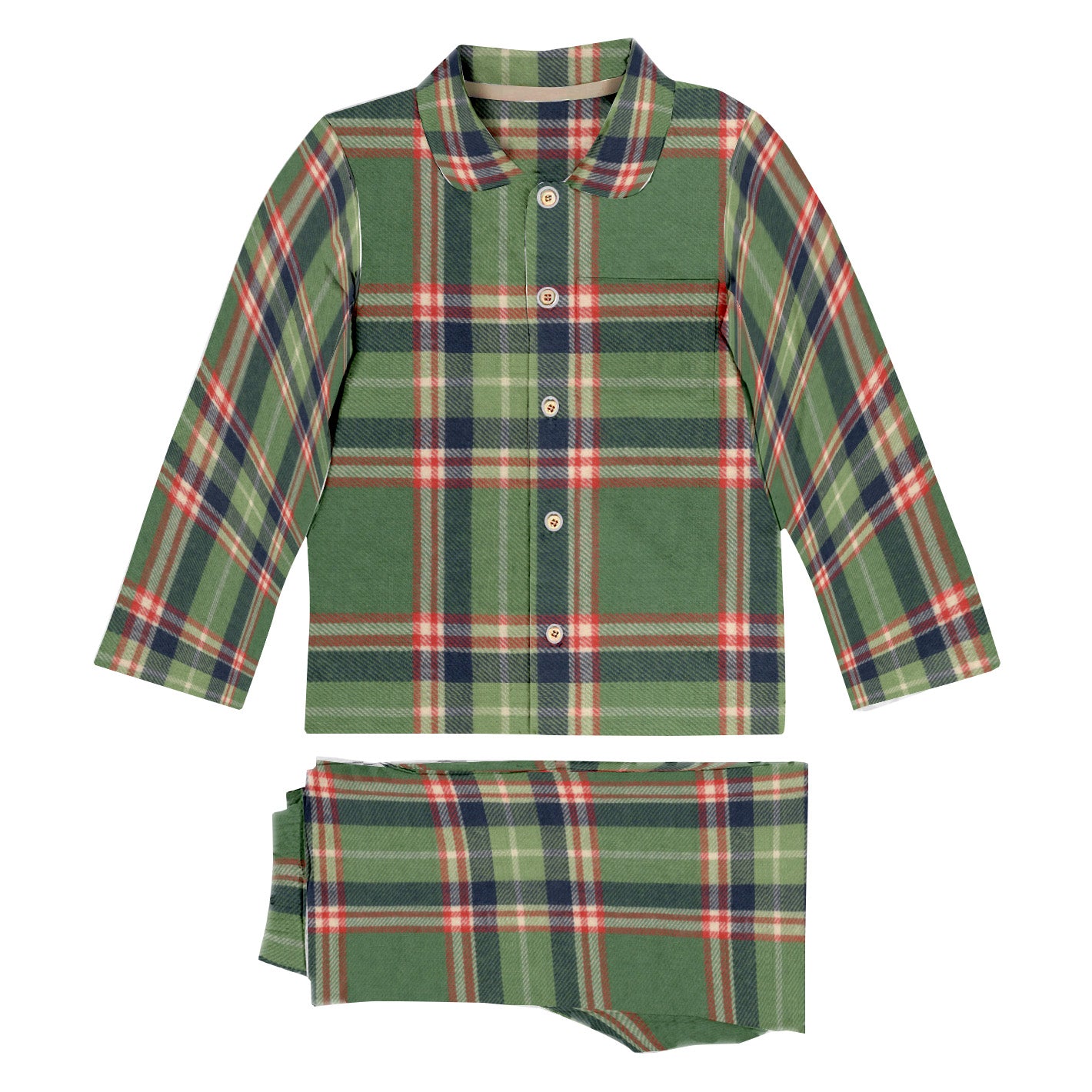Green plaid shirt and pants set on a white background