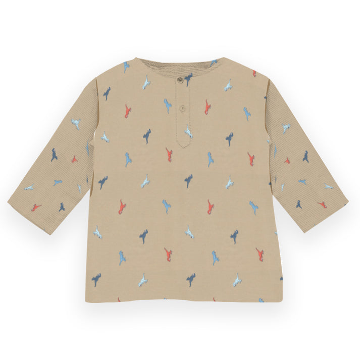 Beige long-sleeve shirt with colorful pattern on a white background