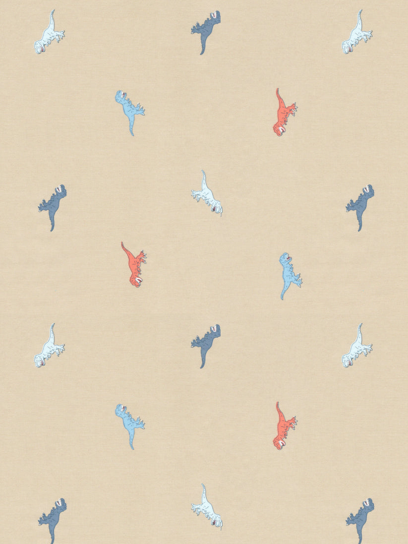 Pattern of blue and red dinosaurs on a beige background