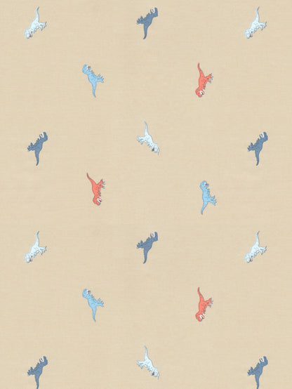 Pattern of blue and red dinosaurs on a beige background