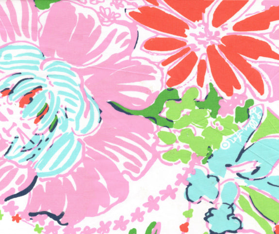 Floral pattern with pink, green, and blue flowers on a white background